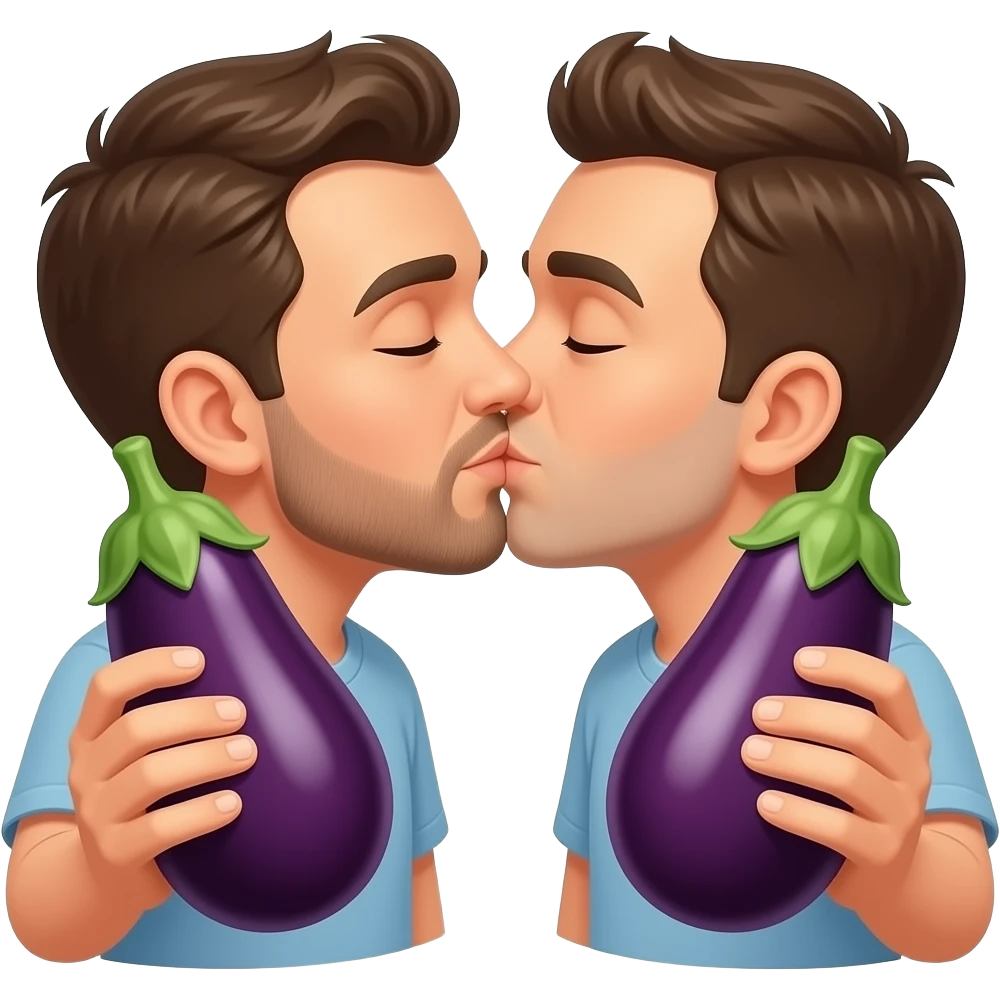 Two men kissing each other with two eggplants out emoji