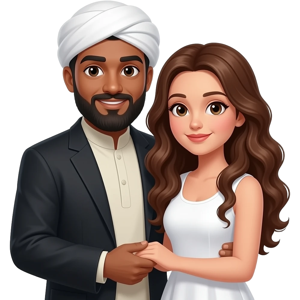 Black bald bearded Muslim man, bald, no hat, holding a white, long curly brown haired white female  No mustache on man With a bald head with nothing on his head With no hat on his head only skin showing on his bald head Square standard square Muslim hat emoji