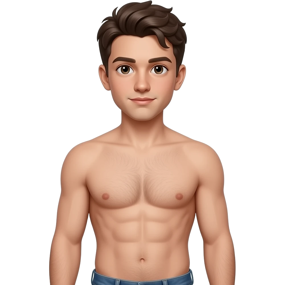 The beautiful young boy 20-22 years old with abs , with naked torso , he has He has natural body hair on his arms, legs, and a faint line of hair below his navel. emoji