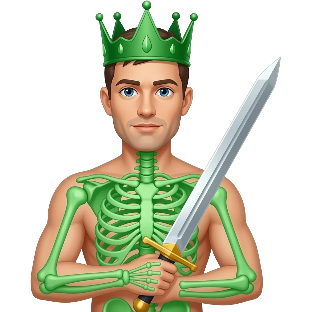 A man with a transparent torso that show green bones and he. Has a green crown and sword emoji