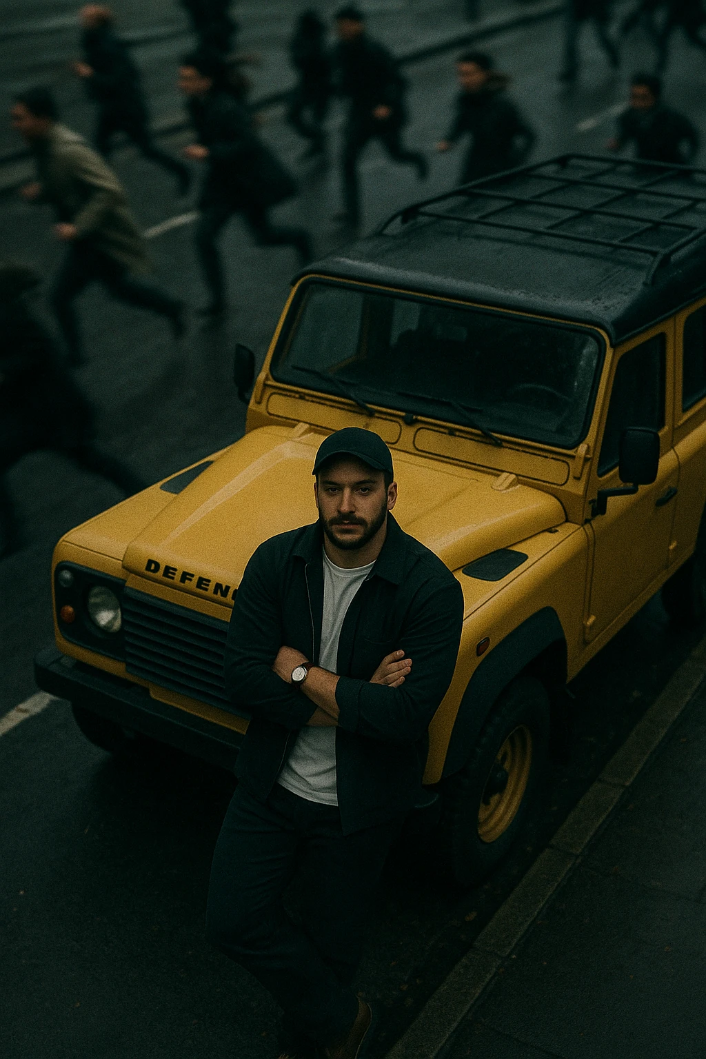 An aerial cinematic shot of me leaning against a yellow land rover defender on the street, wearing a t-shirt under a black jacket. A blurry crowd of people running around me. Gloomy lighting, 35mm film style, shallow depth of field, sharp focus on me.  emoji