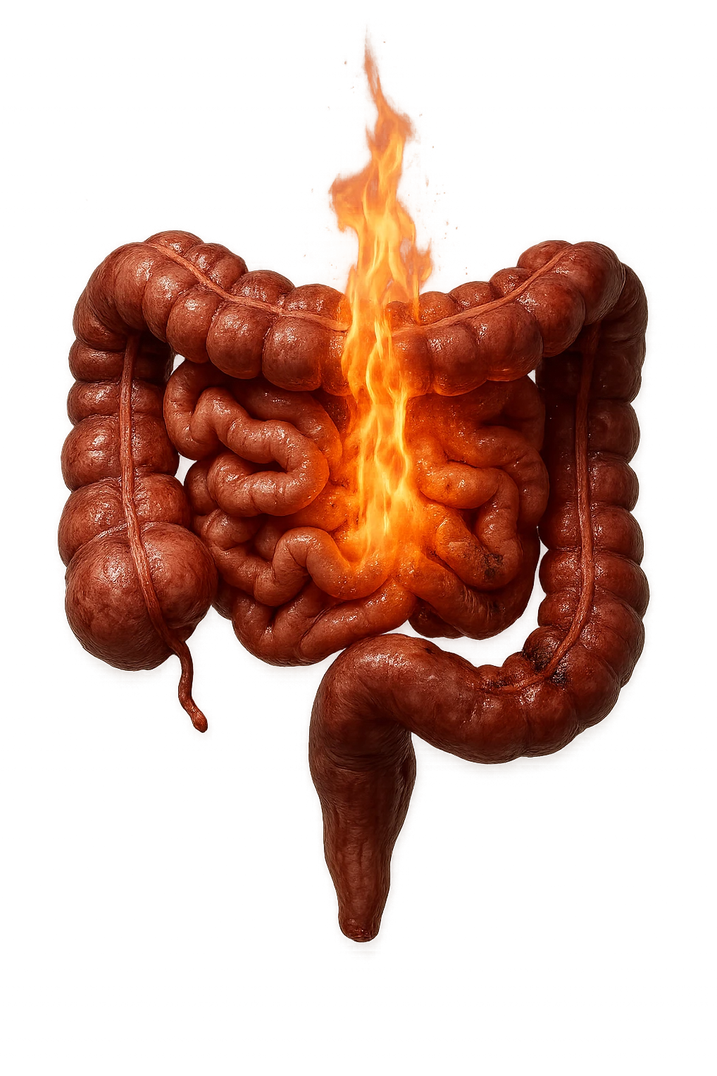 intestino umano anatomico realistico con fiamma, iperrealistico, non disegnato emoji