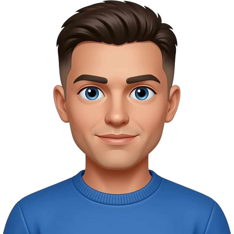 BW - man, blue eyes, 22 years old, medium brown skin fade short on top hair, blue jumper emoji
