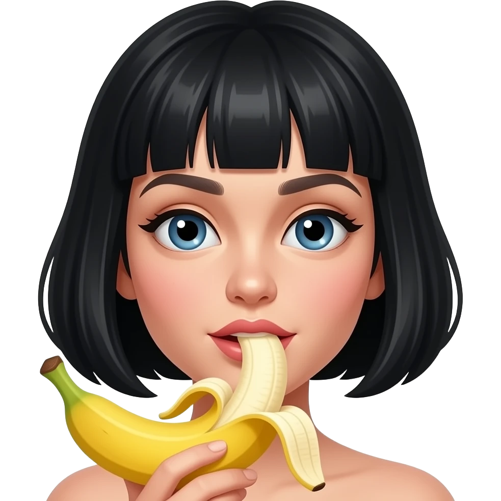 White woman black bob haircut licking a banana emoji
