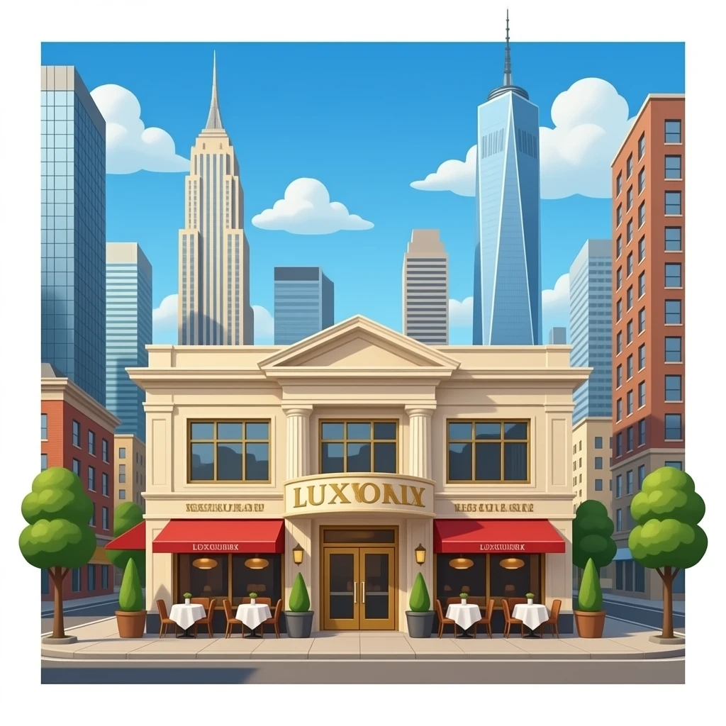 Rich realistic font restaurant building with big skyscrapers emoji