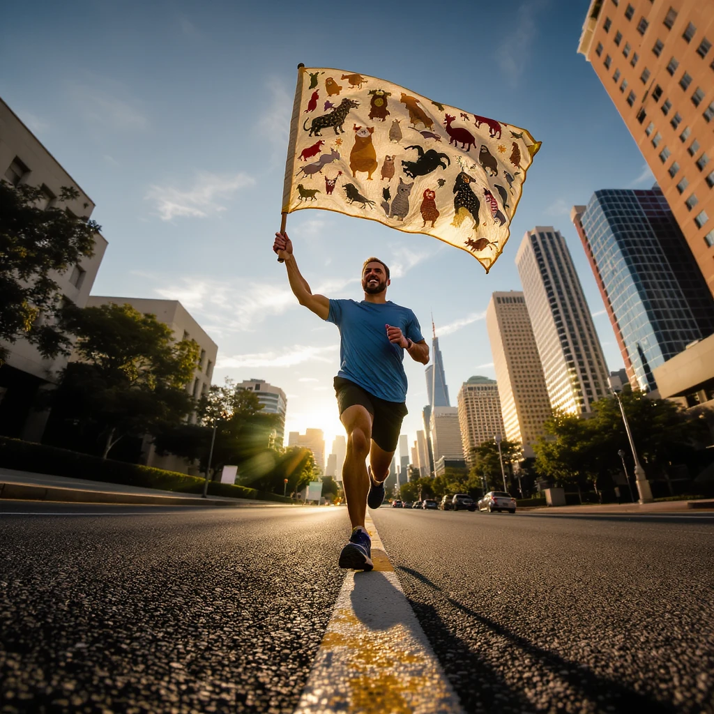 happy runner waving a flag of animals emoji
