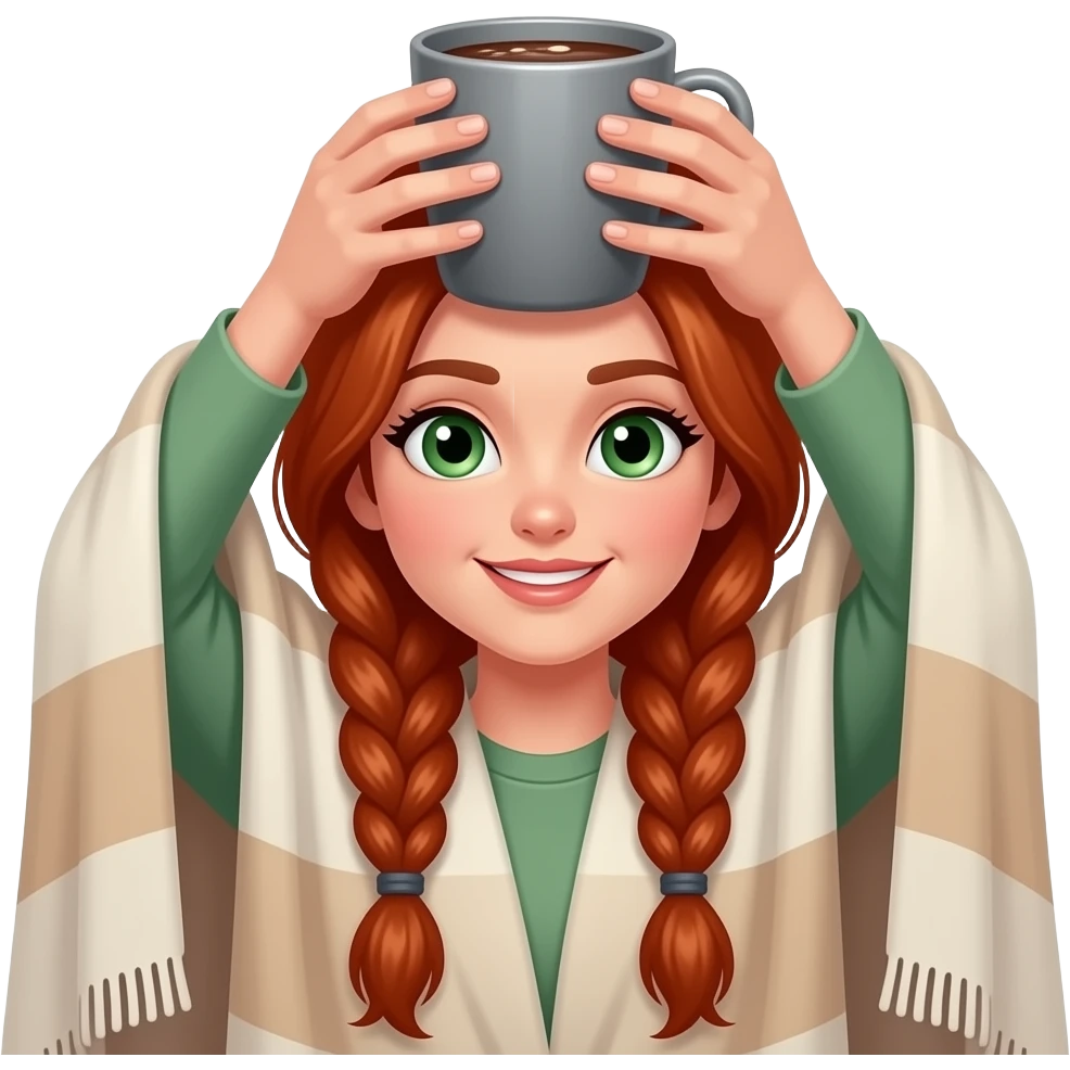 emojis.com a-redhead-girl-with-long-braided-hair,-green-eyes, wrapped in a blanket and over her head with a gray a-cup-of-hot cocoa. emoji