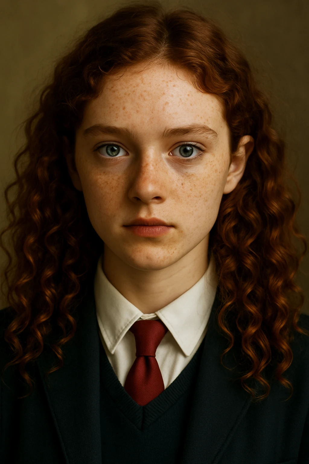Make the girl's hair longer and curly, and put her in a school uniform. Maintain the original style and details of the image. emoji