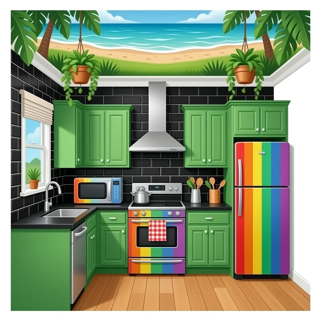 fancy kitchen with black wall tiles, grass green cabinets, rainbow metal microwave, stove and fridge, no range, black countertops, wood floors, grassy mural ceiling, hanging decorative plants on the ceiling, on the beach emoji