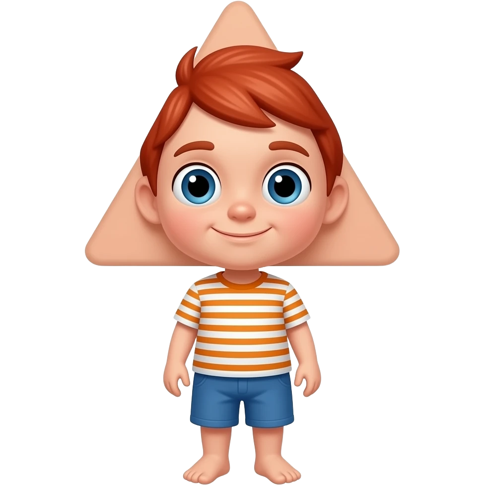A kid with red hair a triangle head a white and orange striped shirt with blue shorts emoji