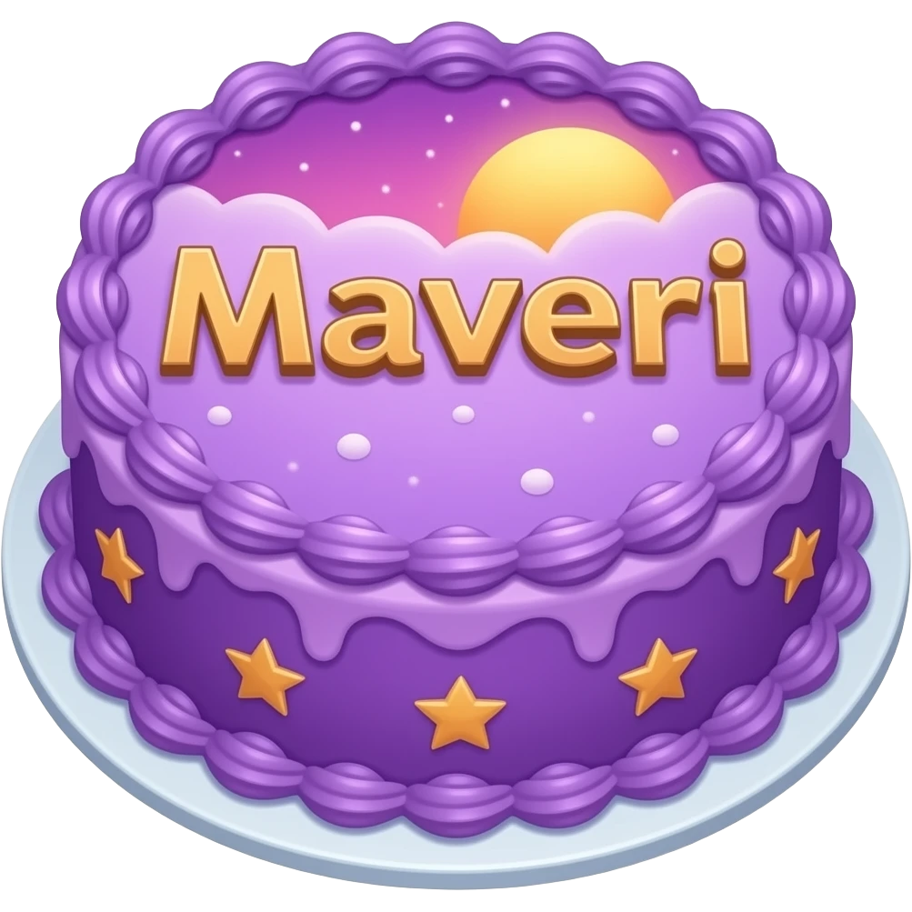 A stardew valley cake with stars and a sunset and wood letters saying Maveri and the whole cake is purple emoji