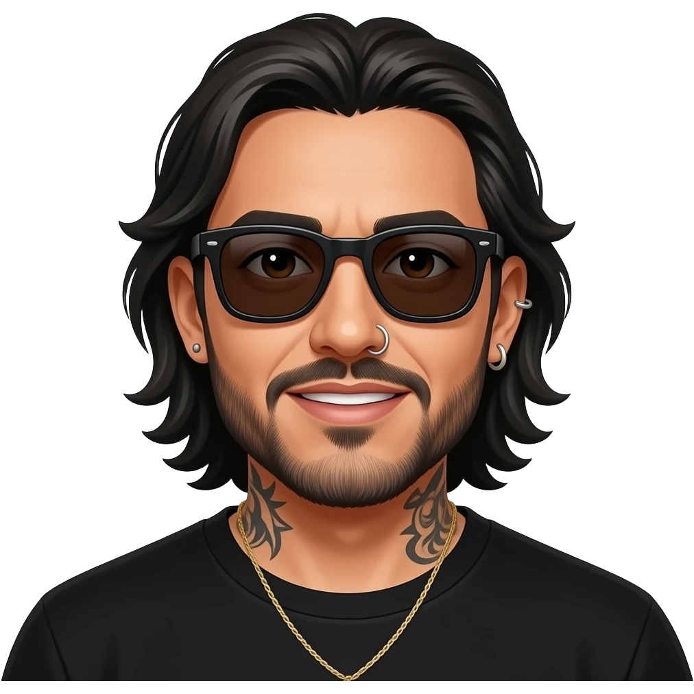 The handsome manly Latino podcast host with medium length hair, a long slightly graying beard and tattoos with his ears pierced 1 time each ear and a nose ring on the right side, dark brown eyes, wearing black, dark sunglasses, and jewelry, on drugs emoji