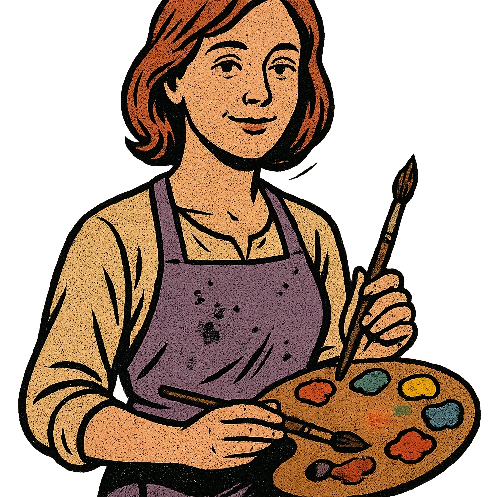 Serene female oil painter, Caucasian features, shoulder-length auburn hair, soft brown eyes, gentle smile, wearing a violet painter’s apron lightly stained with paint over a beige blouse, holding a wooden palette with vibrant colors in one hand and a brush in the other, waist-up, front-facing emoji