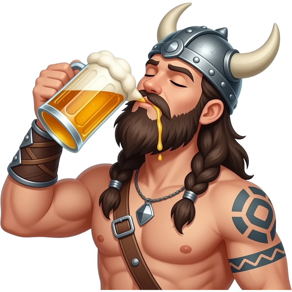 Dark haired sexy bearded viking  with viking helmet, eune tattoos and muscular no shirt, drinking beer out of the wide end of a very large bwer mug ,his head tilted up and eyes closed. Beer dripping down his beard. Fantasy. Realistic emoji