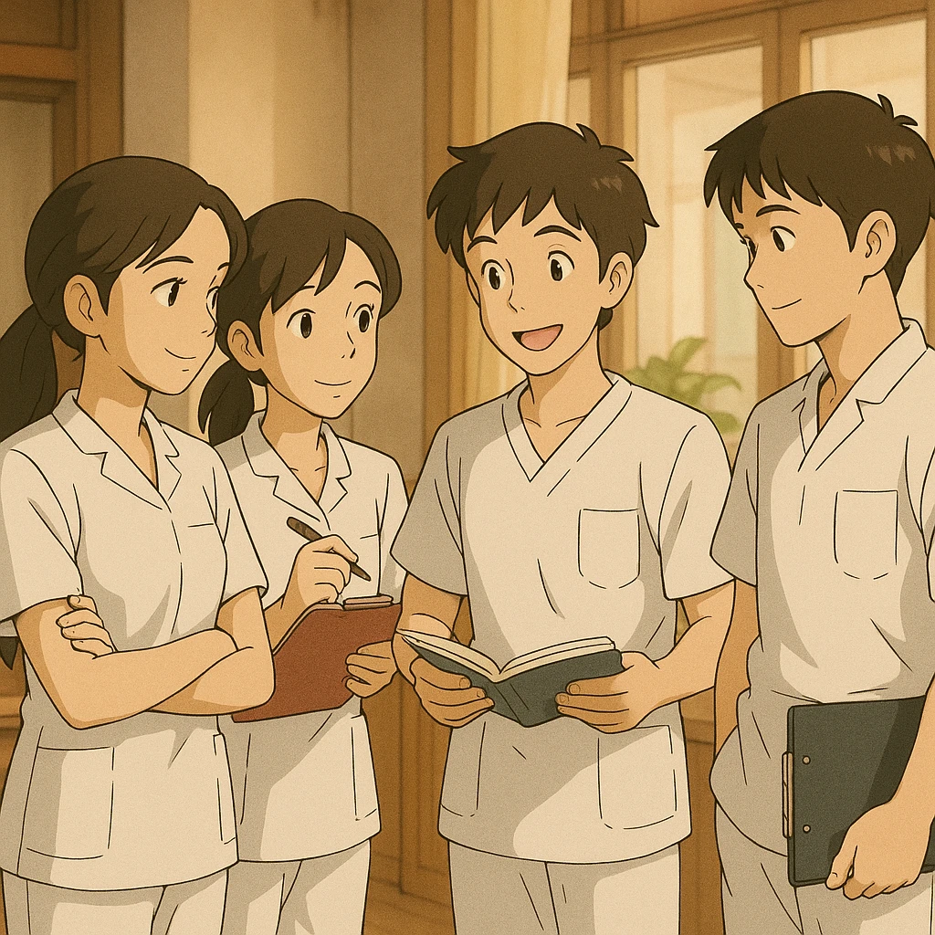 Groupe de quatre étudiants infirmiers, style Ghibli, en train de discuter et collaborer à l'intérieur. Uniformes médicaux blancs, manches courtes, col en V, poche poitrine à gauche, avant-bras découverts, cheveux longs attachés, pas de stéthoscopes ni pied de col. Atmosphère conviviale et studieuse. emoji