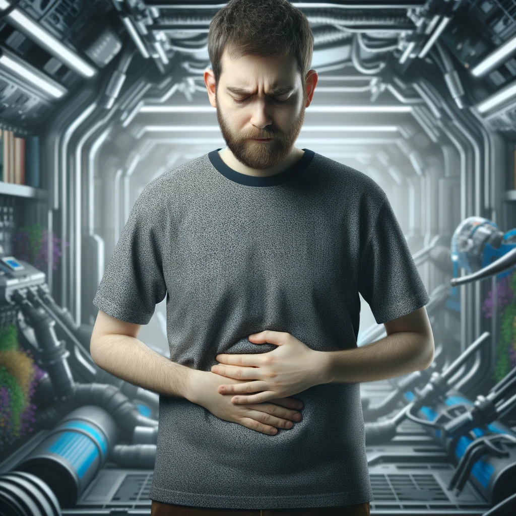 UOMO IN PALESTRA LEGGERMENTE SOVRAPPESO, SI TOCCA LA PANCIA CON ESPRESSIONE DISPIACIUTA IN VOLTO, iperrealistico 4k emoji