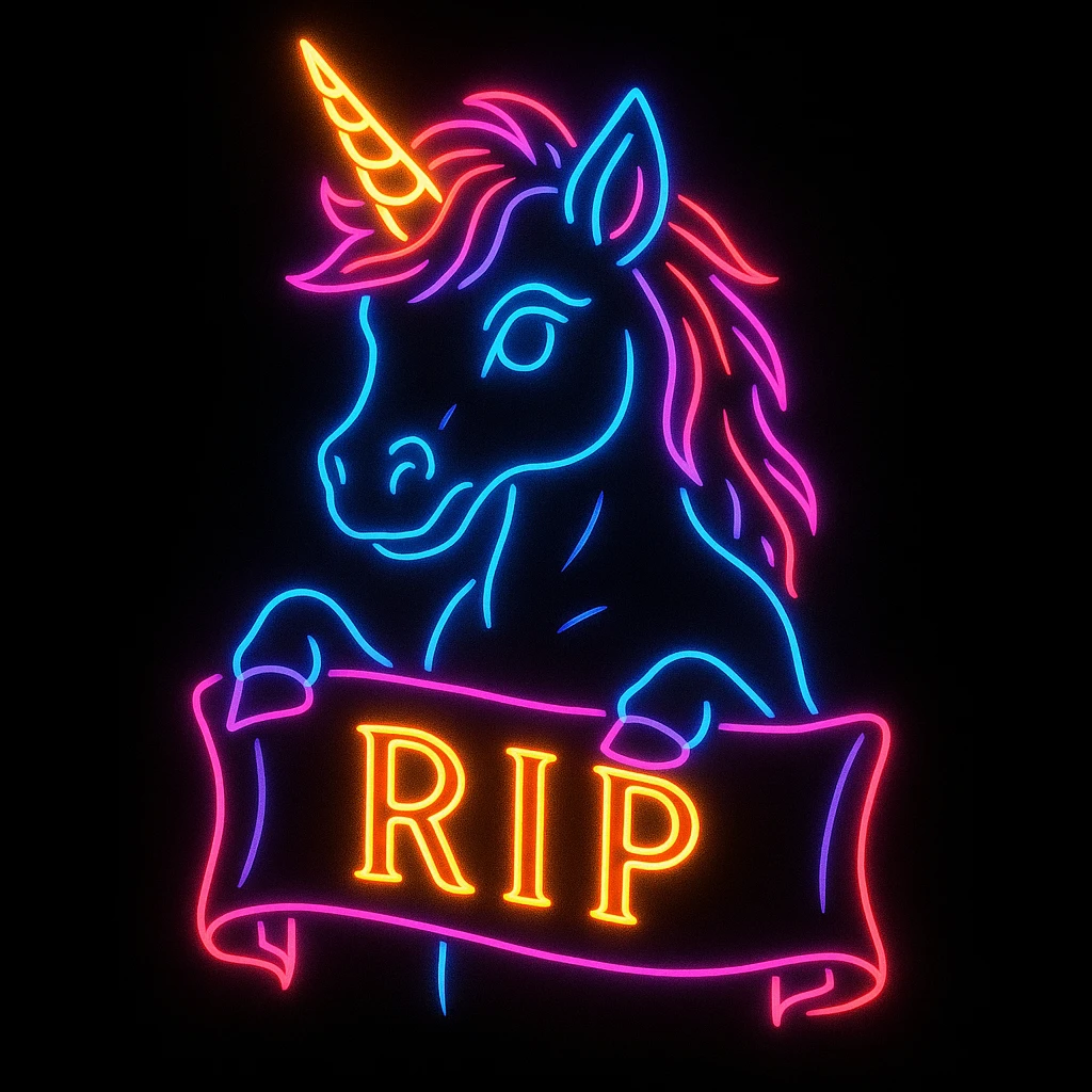 neon unicorn holding a RIP banner, outlined in neon lights, black background, stylized emoji