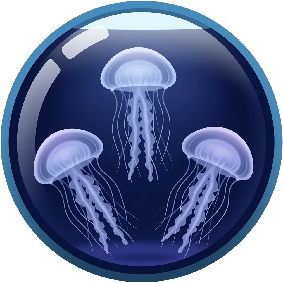 Big three jellyfish in a completely round aquarium swimming blue purple Colors light (dark water) emoji