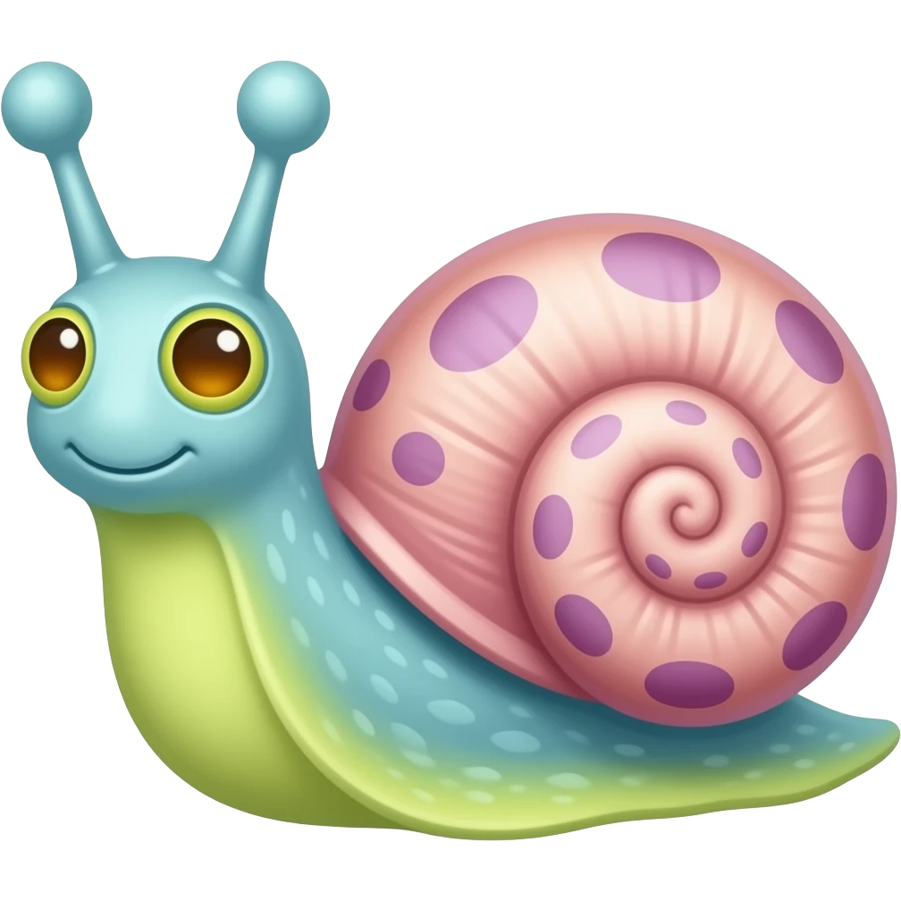 Gary the snale,  eyes on the top of his antenna with the colors being dull light blue for the body and light yellow green at the bottom. eyes are also light yellow green with orange pupils. shell is light pink with dull purple spots emoji