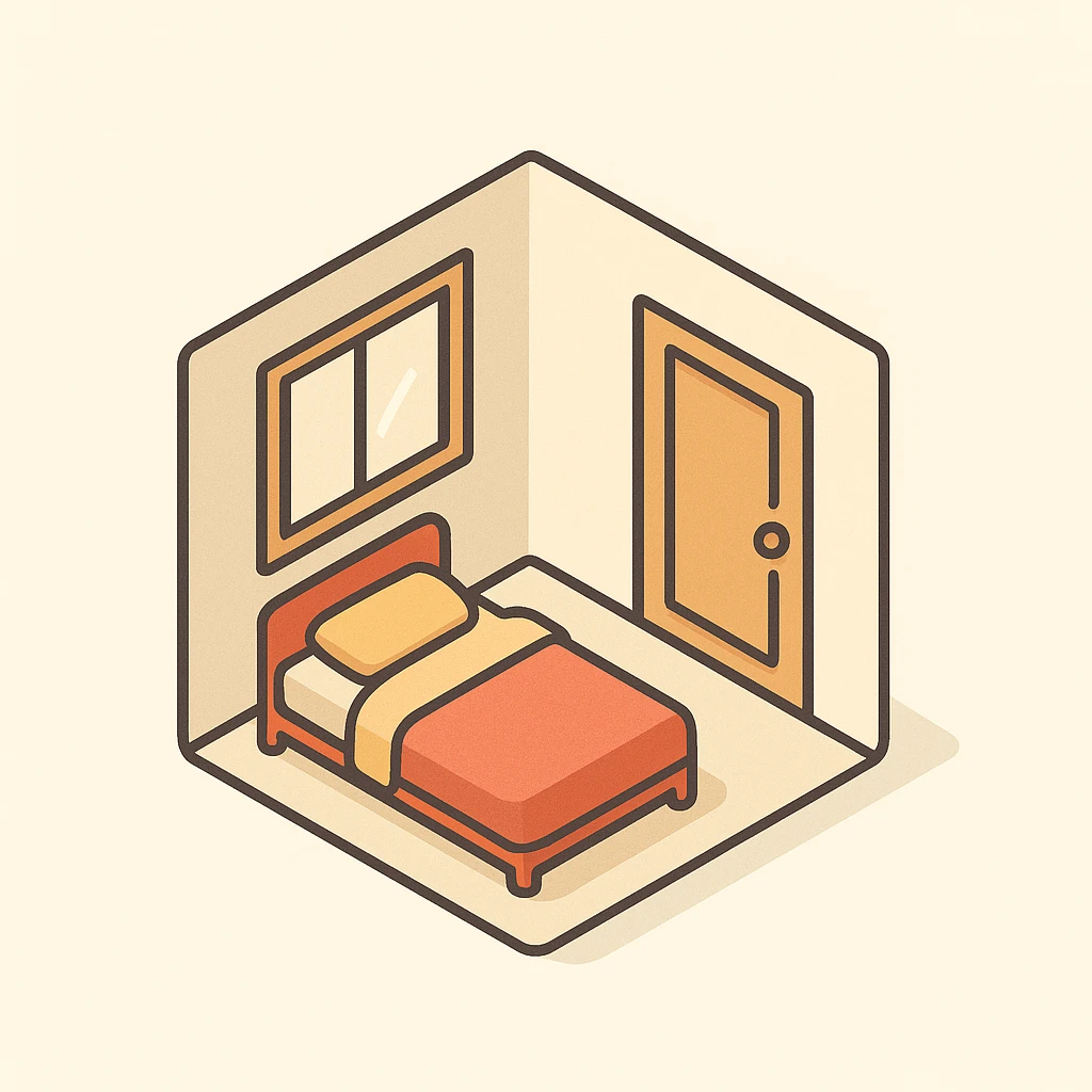 isometric apartment interior with only a bed, window, and door, cozy style, warm colors emoji