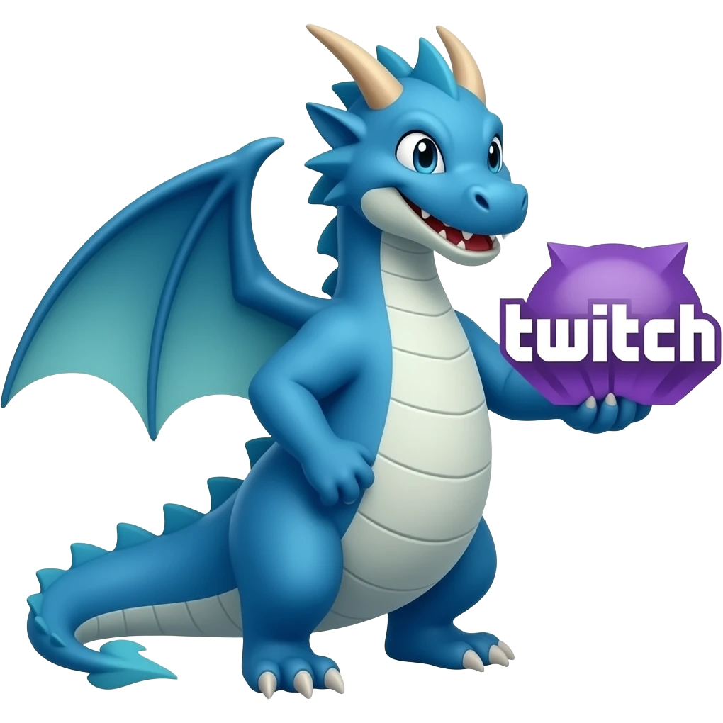 Blue dragon holding twitch logo looking right emoji