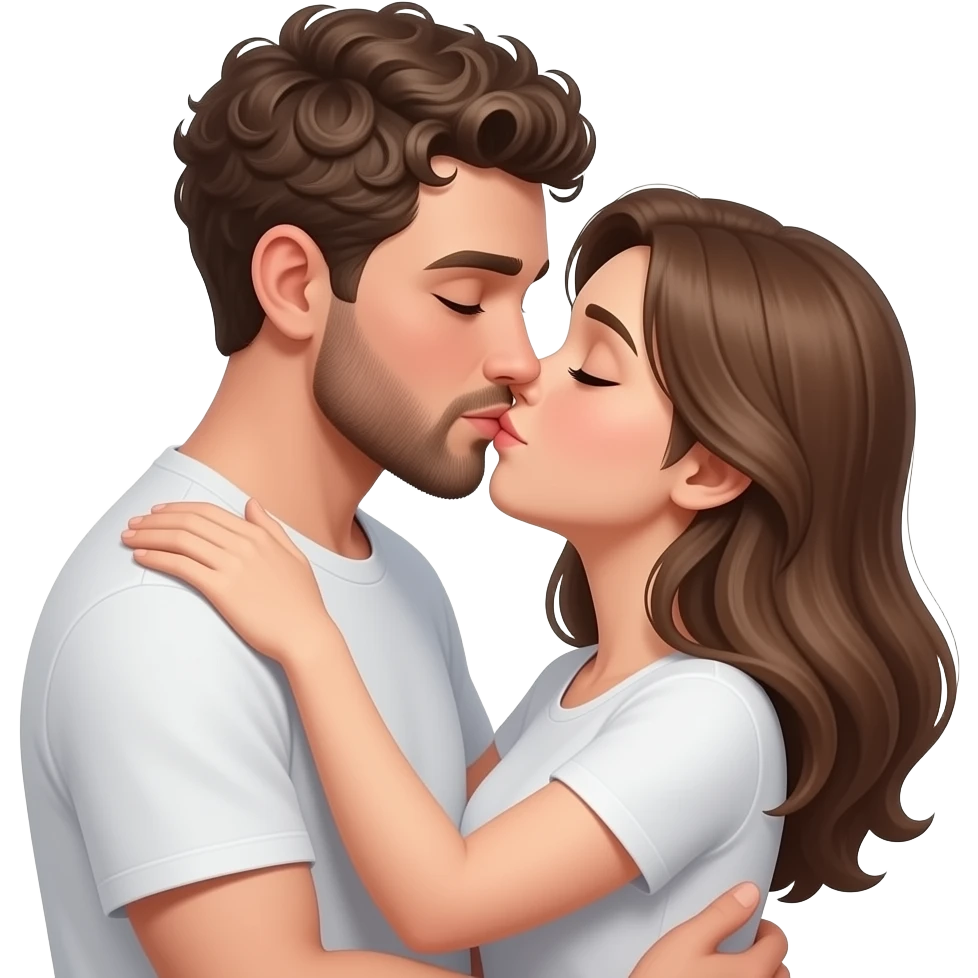 Realistic white skin man super short curly brown hair with beard kissing passionately and hugging realistic white girl brown hair emoji
