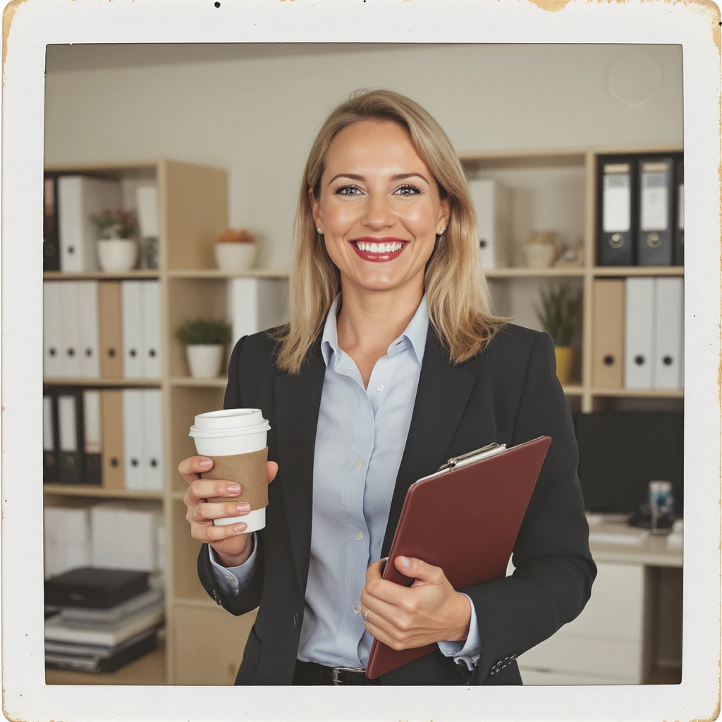 A cheerful manager holding a clipboard and a coffee cup, smiling brightly, with an organized office in the background. emoji