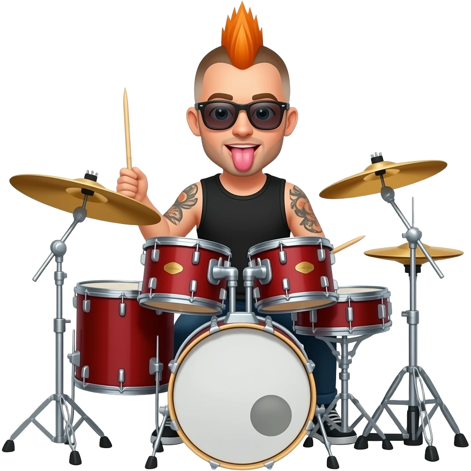 man playing drums with orange Mohawk But make him lighter skin with sleeve of tattoos and tounge sticking out he is a funky cool guy with sun glasses emoji