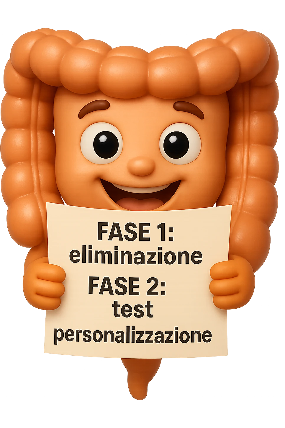 emoji stile iphone 3d di un intestino che tiene in mano un foglio con la scritta "FASE 1: eliminazione, FASE 2: test, FASE 3: personalizzazione, IPERREALISTICO 4K emoji