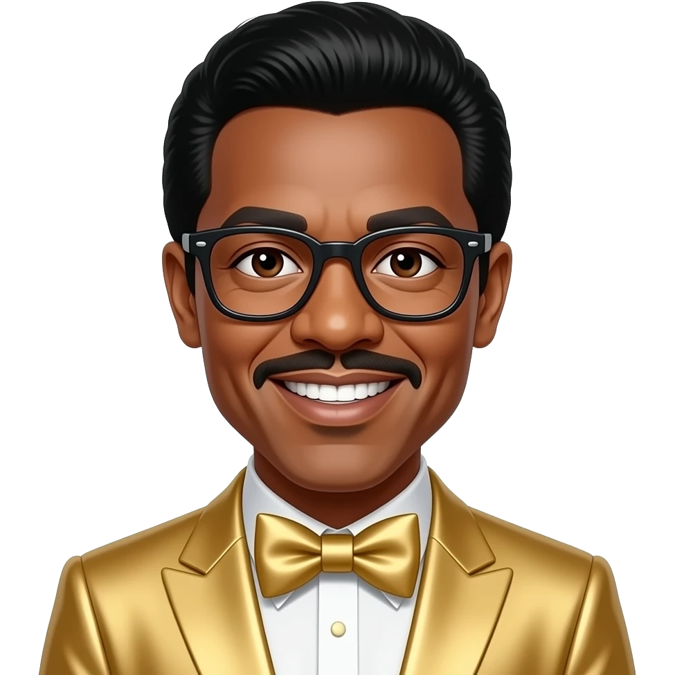 David Ruffin from The Temptations with dark brown eyes, glasses, black boogie hair, gold metallic suit with bow tie emoji