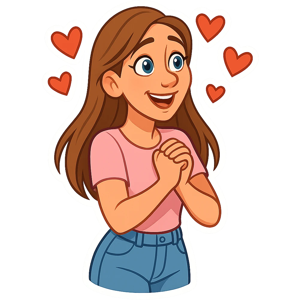3D cartoon sticker, DreamWorks style of a 30-year-old woman with long light brown hair below shoulder blades, fair skin, large expressive blue eyes, slight bump on nose, wearing a pastel pink t-shirt and light blue mom jeans, in love with hearts around head, soft light, white sticker outline emoji