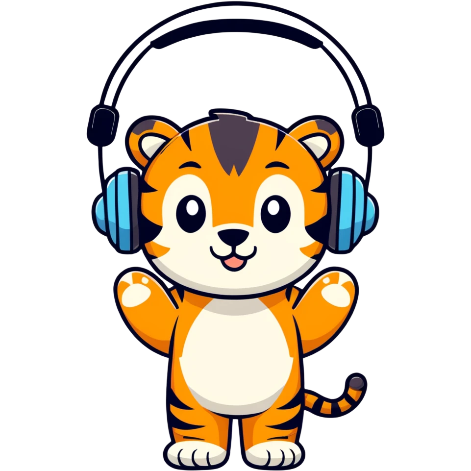 "A tiger wearing large headphones. Make image like the basic set of smileys like on the phone emoji