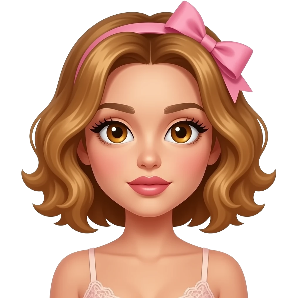 glamours,-tanned,-very-beautiful-woman-with-big-plump-rose-beige-lips,-long-lashes,-honey-silky-very short- hair,-wavy-hair,-with pink bow in hair -hazel-eyes-wearing-nude-lace-lingerie-nude-stilettos,-looking-ill. emoji