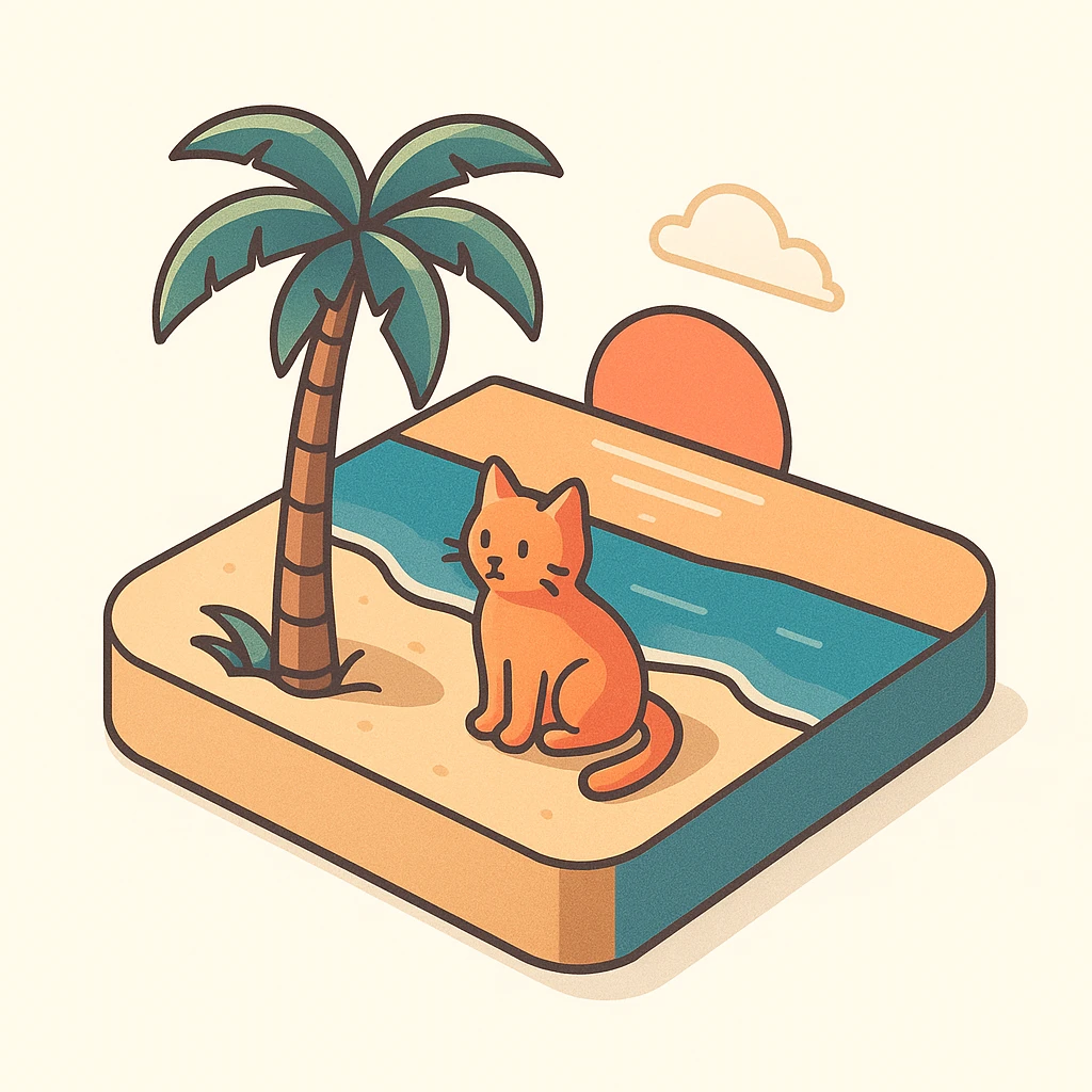 3D isometric illustration of two cats sitting on a beach at sunset with palm trees emoji