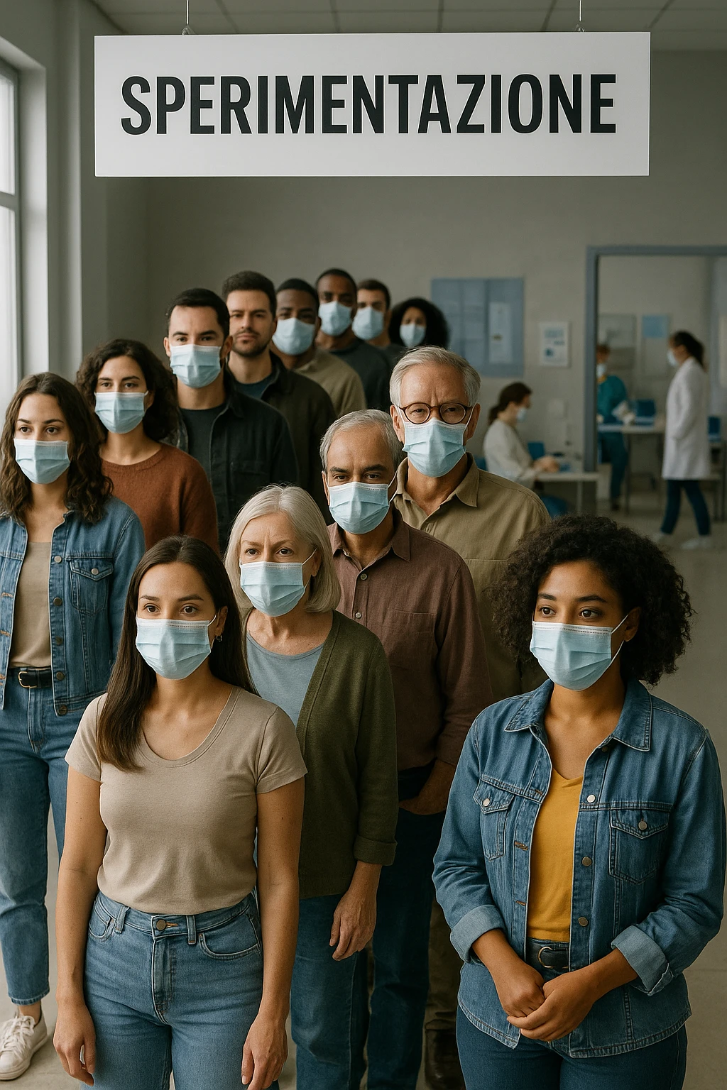donne e uomini che fanno fila per i vaccini, chiamati "Sperimentazione" emoji