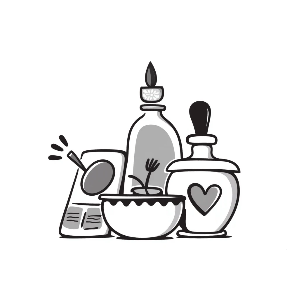 cute doodle of makeup, perfume, and matcha with hearts emoji