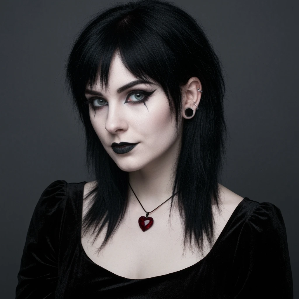 goth profile picture with a heart accent, cute, expressive, minimal, variation 2 emoji