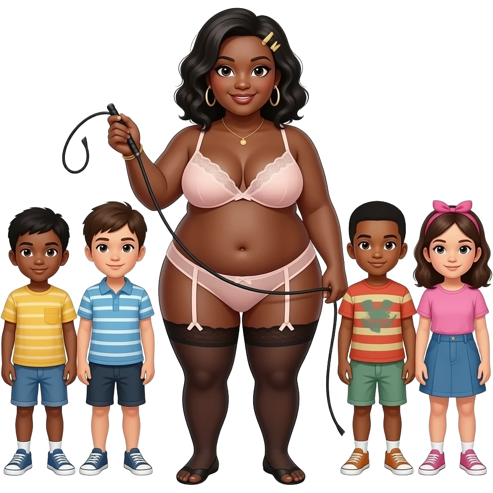 A fat black lady in lingerie with whip and six kids standing behind her emoji