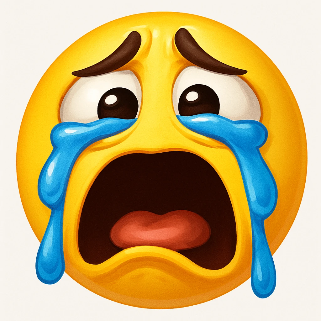 Create a sobbing face emoji in the same exaggerated, cartoonish style as the referenced shocked emoji. The face should have large eyes, an open mouth, tears streaming down, and a dramatic expression, matching the cartoonish exaggeration of the original. emoji