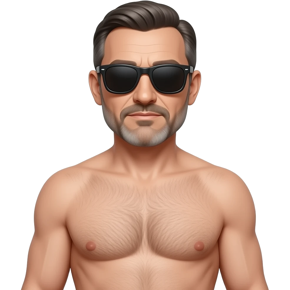 A guy, wearing sunglasses, 50 year old, full length, naked. emoji