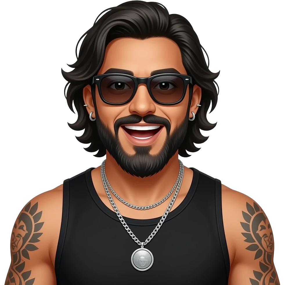 handsome, manly Latino podcast host with black colored eyes wearing black with silver jewelry, with medium length hair, a very long, lightly graying beard and tattoos, his ear and nose pierced, dark sunglasses. He shows excitement emoji