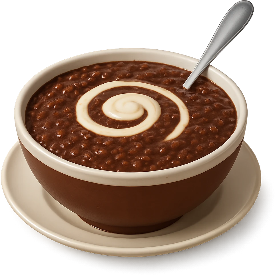 Make the champorado look like chocolate mixed with congee, with visible rice grains in a thick, glossy chocolate porridge, realistic texture, appetizing and true-to-life, keep the background transparent. Realistic and detailed food texture. emoji