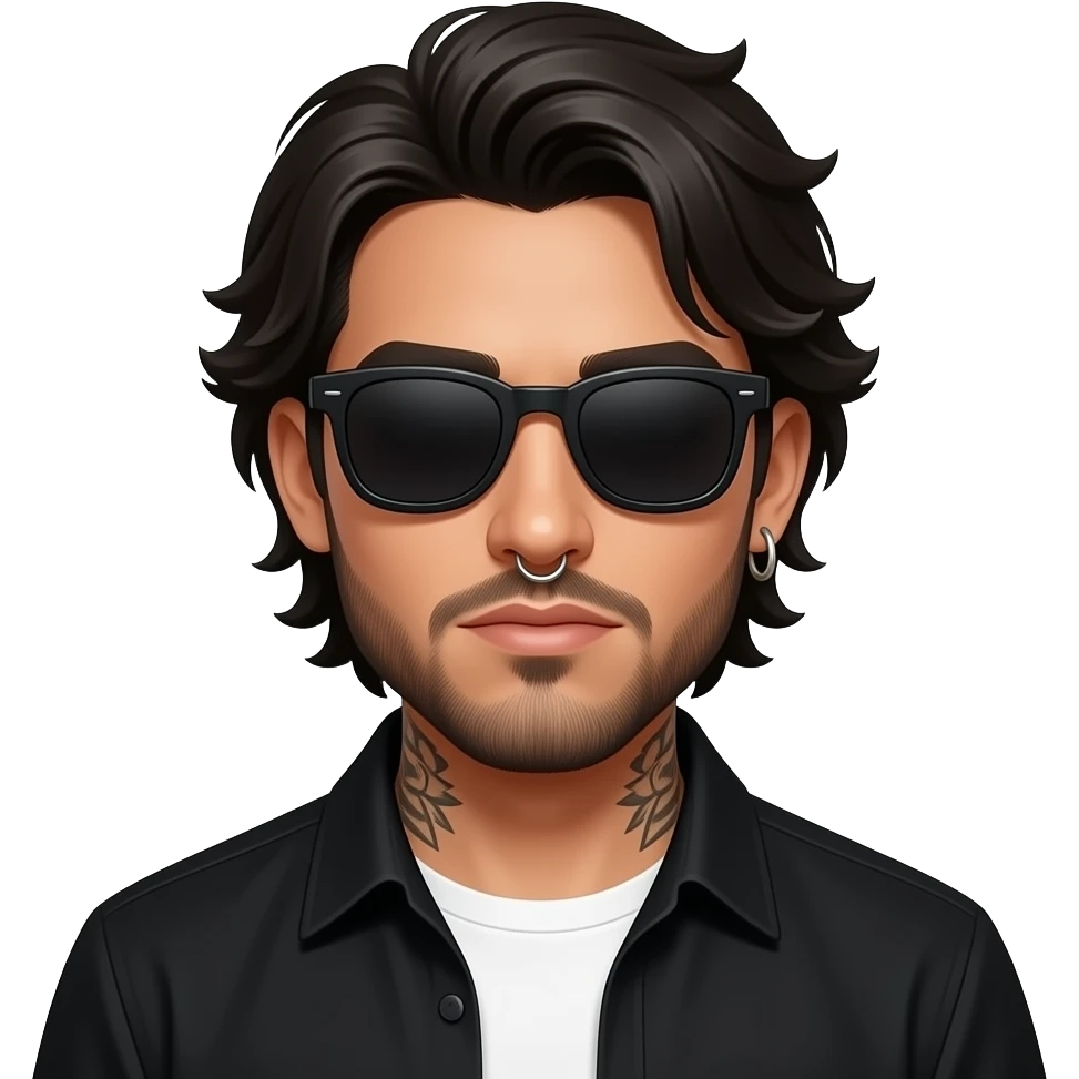 A handsome Latino man with medium length hair and beard and tattoos with a right nose hoop and a left earring hoop wearing all black with a white undershirt and black sunglasses emoji