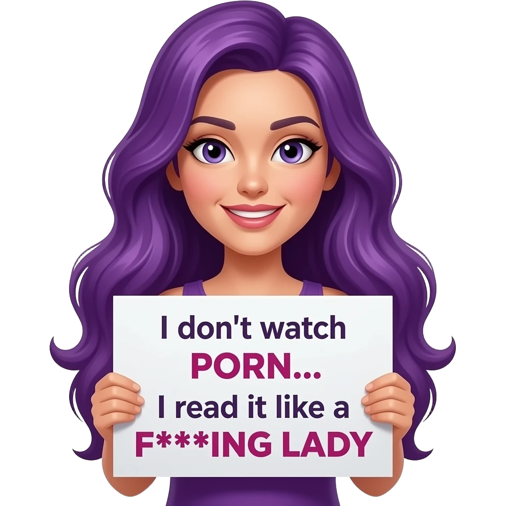 sexy girl with long purple hair holding a I don't watch PORN... I read it like a F***ING LADY sign emoji