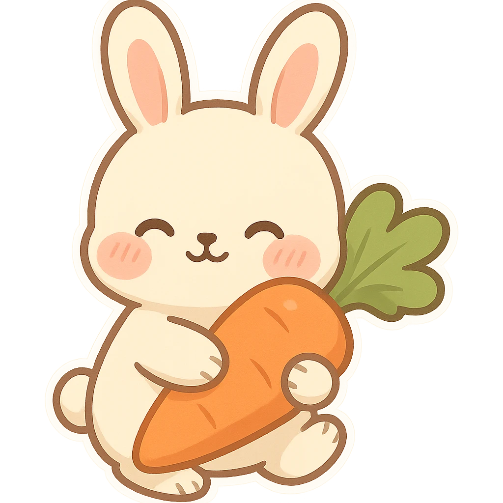 chibi sticker of a blushing bunny holding a carrot emoji