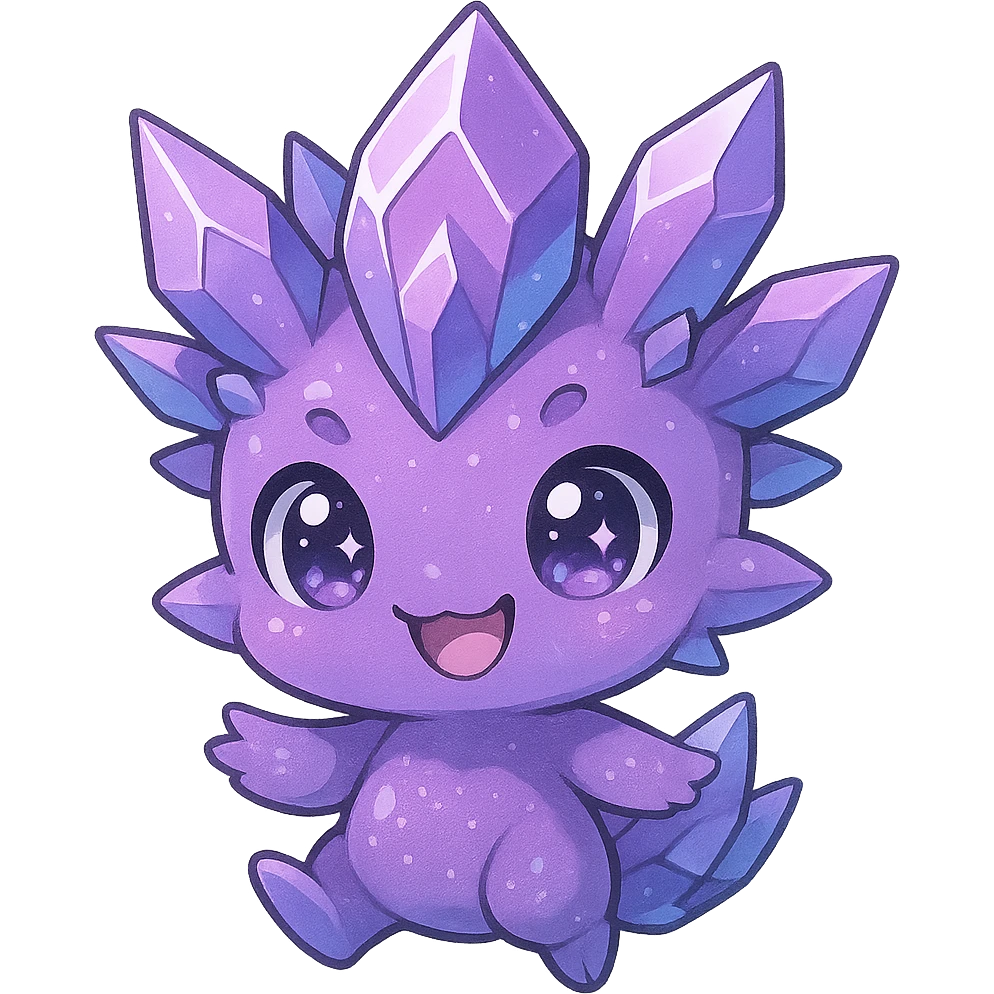 chibi kawaii crystal sprite creature, mostly purple with blue accents, playful grin, sparkling eyes, cute and adorable emoji