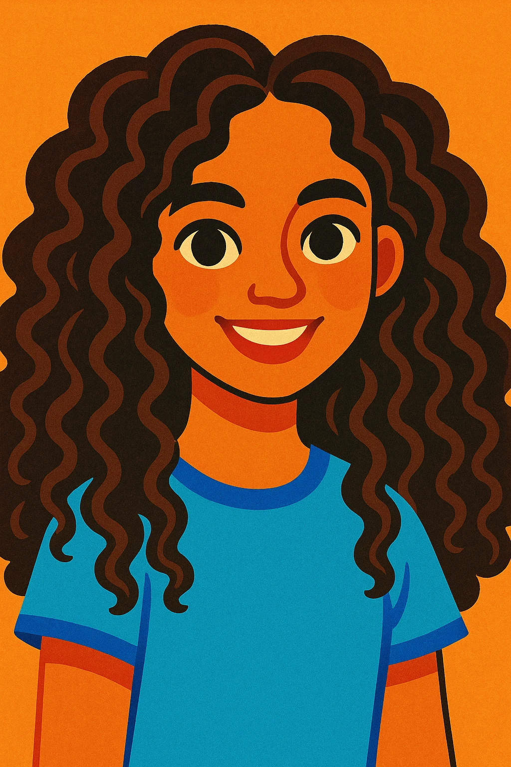 portrait of a girl with long curly brown hair type 3a and dark brown eyes, vibrant and friendly illustration style emoji