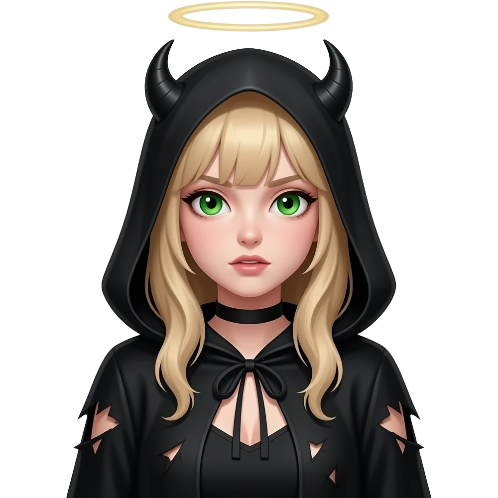 Make an emoji of a cute green eyes, blond hair white girl with an angel halo, but devilish and dark everywhere else emoji