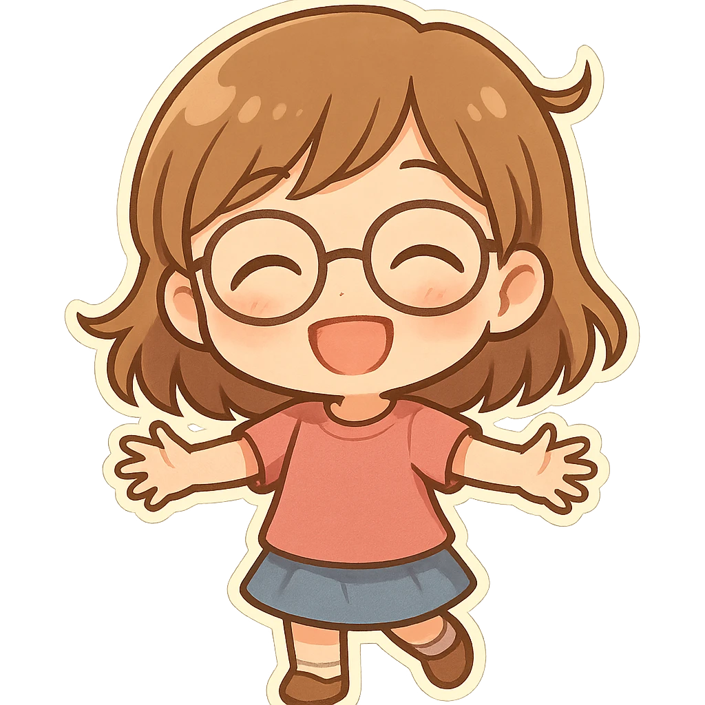 chibi sticker of a cheerful 10 year old girl with light brown hair and glasses, smiling, no text emoji