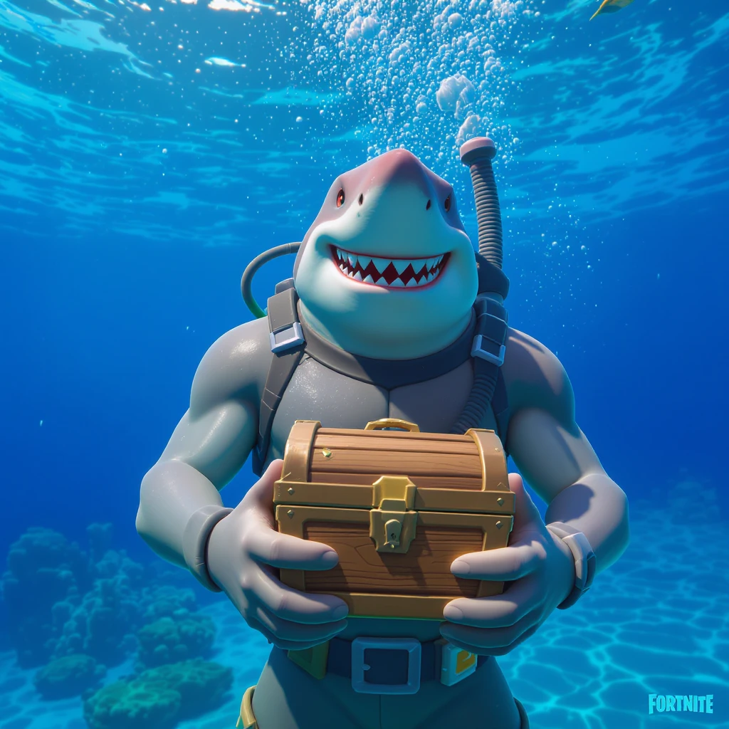 portrait, closeup, 3D, symmetrical, fortnite art style, diver holding chest underwater, happy shark swiming around him, blue crystal water, sunny day emoji